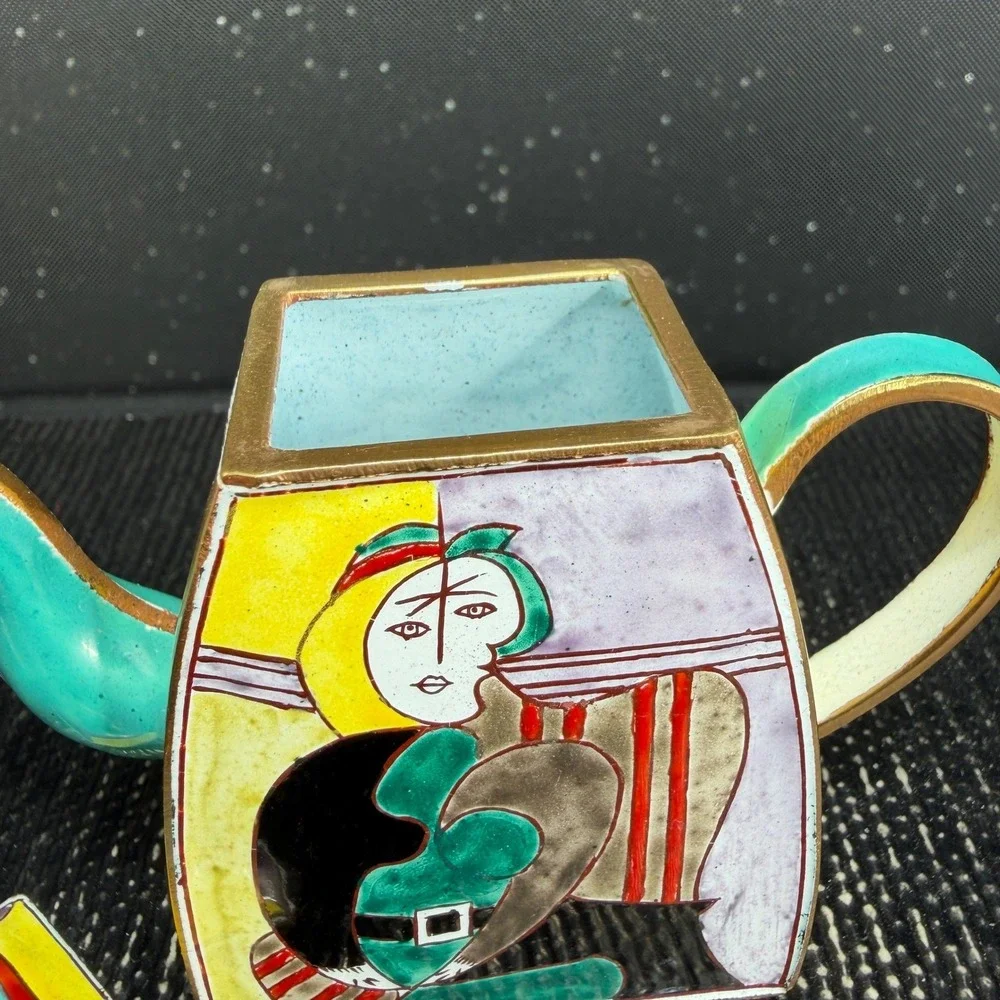 Kelvin Chen Picasso Miniature Enameled Teapot Cubist Art Hand Painted Vintage